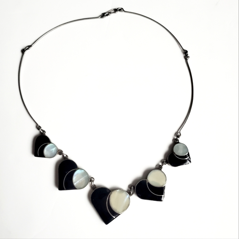 Vintage Mother of Pearl Necklace Linked Enamel Black Hearts Charms Reversible